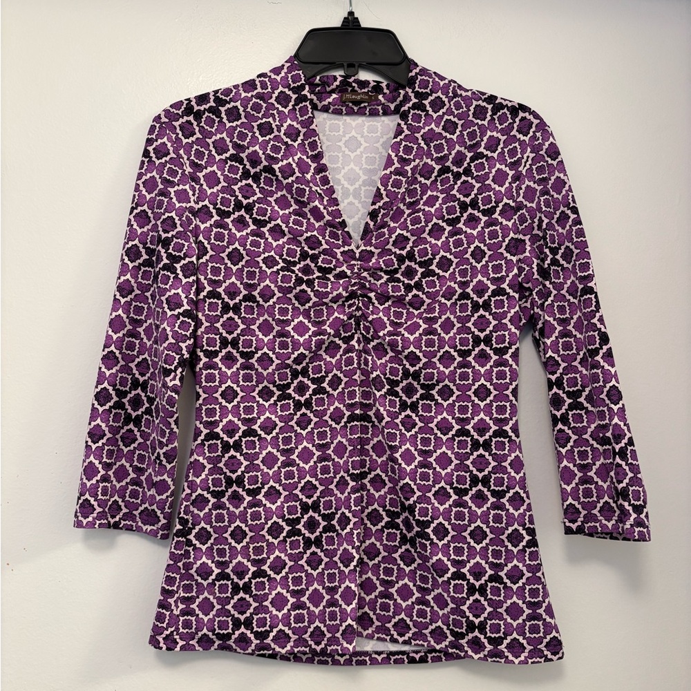 J McLaughin Purple Geometric Women's Top v neck ruched stretchy s